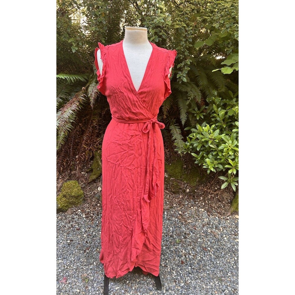 Express Women's Flutter V-Neck Flowy Maxi summer Dress Coral Medium